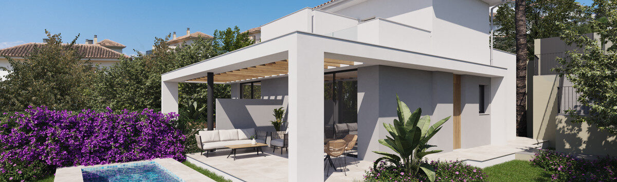 Außenansicht Neubau-Doppelhaushälfte in Porto Cristo Novo mit Terrasse, Pergola und privatem Pool im gepflegten Garten.
