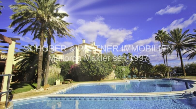 Community pool with palm trees and garden of the seafront apartment in Son Servera