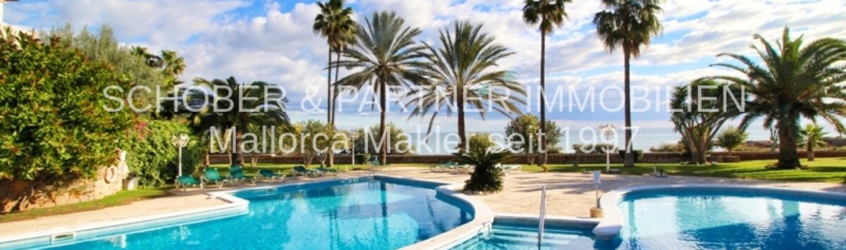 Spacious outdoor pool with palm trees and sea view of the exclusive residential complex in Son Servera, Mallorca