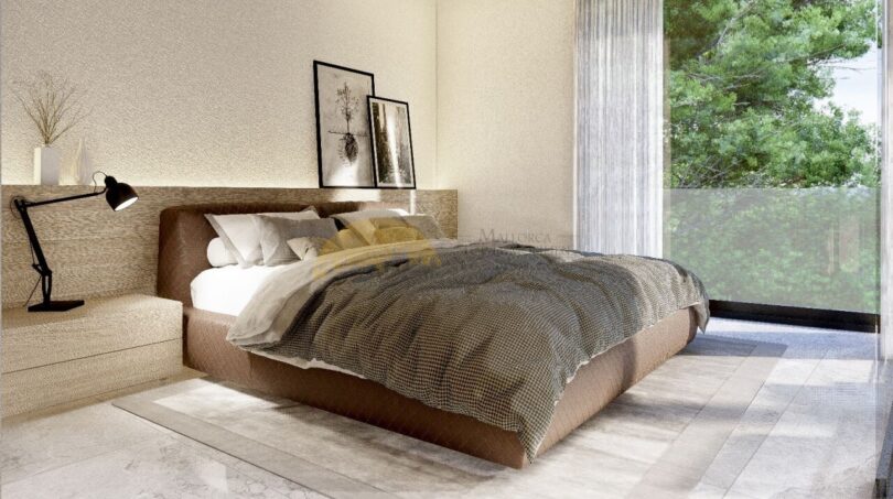 Helles Schlafzimmer der Neubauvilla in Calvià mit Doppelbett, Holzkopfteil und Panoramafenster zum Grün.