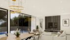 Modernes Wohnzimmer der Neubauvilla in Calvià mit Esstisch, Lounge und Poolblick durch Panoramafenster.