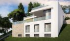 Moderne Neubauvilla in Calvià mit weißer Fassade, Glasgeländern, Natursteindetails und terrassiertem Garten.