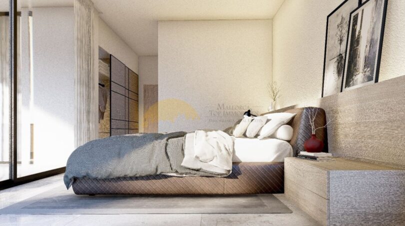Modernes Schlafzimmer der Neubauvilla in Calvià mit elegantem Doppelbett und Holzelementen