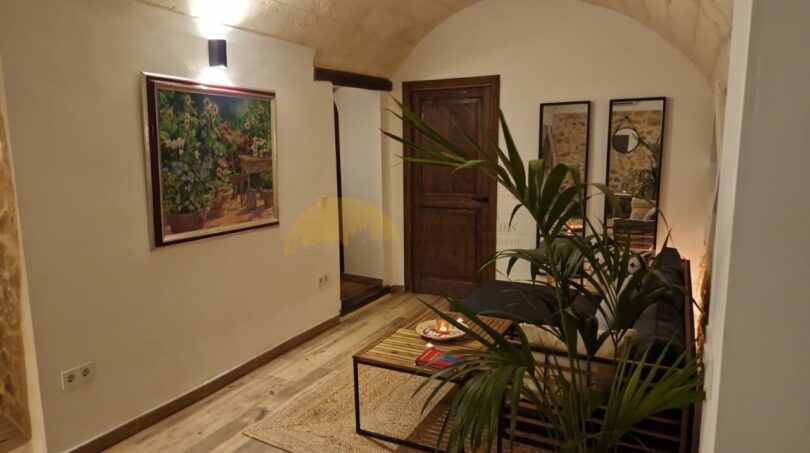 Gemütliches Wohnzimmer der Finca in Felanitx mit Gewölbedecke, Holzboden und tropischen Pflanzen