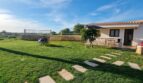 Gepflegter Garten der Finca in Felanitx mit Steinweg, Terrasse und mediterranem Bungalow unter blauem Himmel.