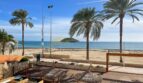 Terrasse des Strandapartments in Magaluf mit Meerblick, Palmen, Holzdeck und kleiner Insel im Hintergrund