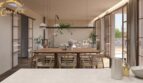 Modernes Esszimmer mit Holztisch, Designer-Stühlen und Kamin im Neubau-Landhaus bei Porto Cristo