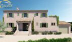 Außenansicht Neubau-Landhaus Porto Cristo, mediterrane Fassade, grüne Fensterläden, Garage, gepflegter Garten