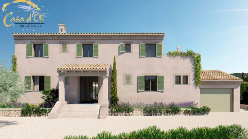 Außenansicht Neubau-Landhaus Porto Cristo, mediterrane Fassade, grüne Fensterläden, Garage, gepflegter Garten