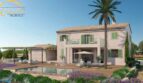 Vista exterior de la nueva casa de campo Porto Cristo con piscina, terraza de madera, palmera y jardín mediterráneo