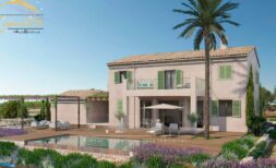 Exterior view of new build country house Porto Cristo with pool, wooden terrace, palm tree and Mediterranean garden