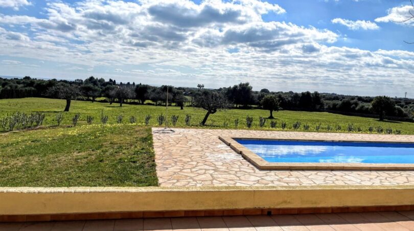 Finca Porto Cristo: Piscina con borde de piedra natural, pradera verde con olivos y amplio panorama bajo cielo azul
