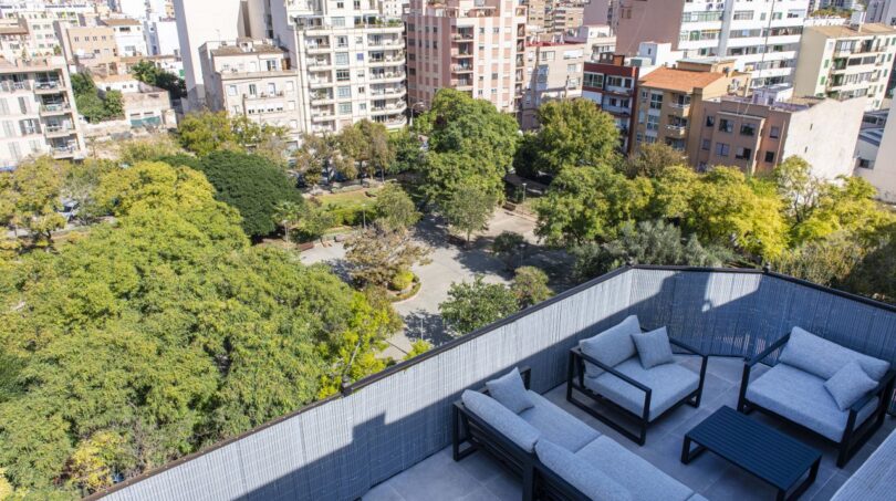 Penthouse-Terrasse mit Loungemöbeln und Panoramablick auf Palmas Stadtpark und Skyline