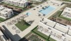 Luftansicht Neubauanlage Sa Ràpita mit Pool, Loungebereichen und mediterranen Gartenanlagen nahe Es Trenc.