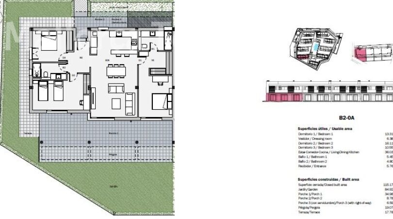 Grundriss einer Neubauwohnung B2-0A mit 3 Schlafzimmern, Terrasse und Garten nahe Es Trenc, Sa Ràpita