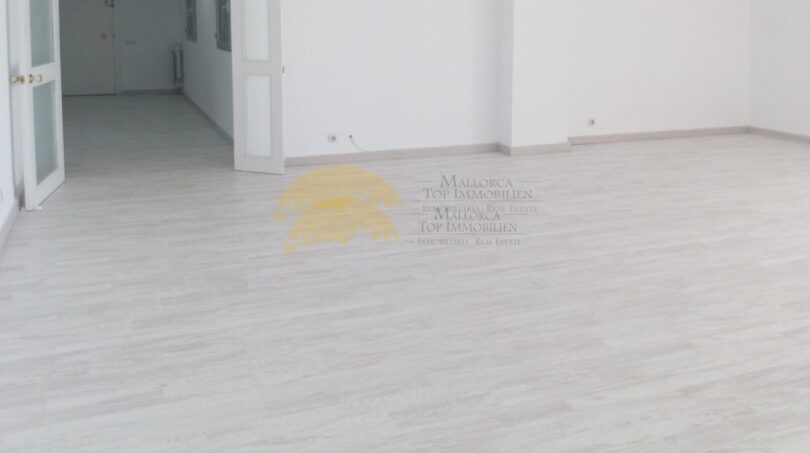 Heller, leerer Wohnraum mit hellgrauem Laminatboden und weißen Wänden in Hafenwohnung Palma de Mallorca