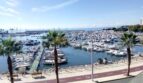 Blick auf den Hafen von Palma de Mallorca mit Booten, Palmenpromenade und Meerblick bei Sonnenschein.