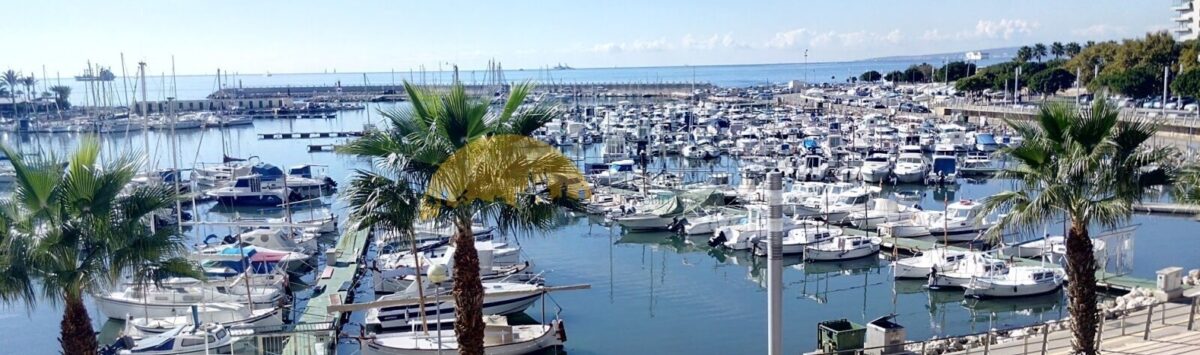 Panoramablick auf den Hafen von Palma mit Booten, Palmenpromenade und blauem Mittelmeer