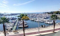 Panoramablick auf den Hafen von Palma mit Booten, Palmenpromenade und blauem Mittelmeer