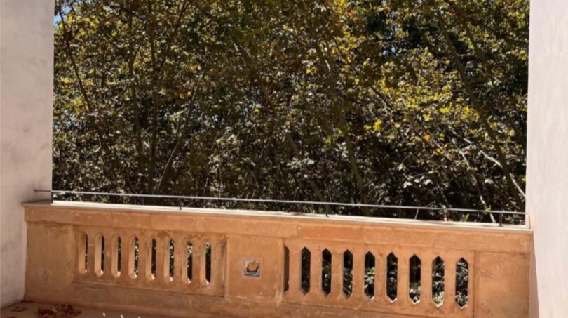 Sonniger Balkon mit dekorativem Steingeländer und üppigem Baumblick der Maisonette-Wohnung in Palma