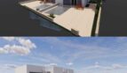 3D-Visualisierung moderner Doppelhaushälfte in Llucmajor mit Pool, Terrasse und Wendeltreppe zum Dach.