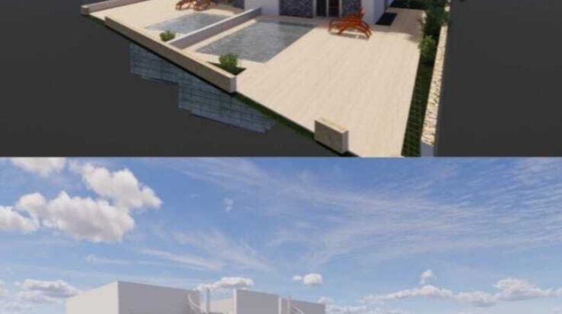 3D-Visualisierung moderner Doppelhaushälfte in Llucmajor mit Pool, Terrasse und Wendeltreppe zum Dach.