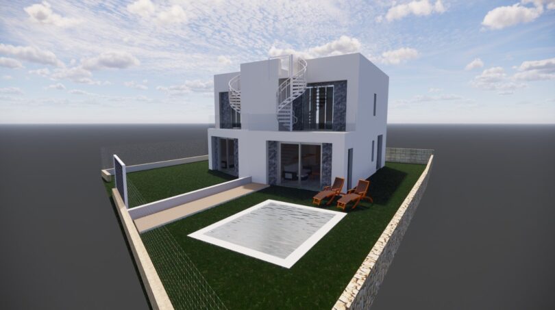 Moderne Doppelhaushälfte in Llucmajor mit Pool, Wendeltreppe und Dachterrasse – 3D-Visualisierung Außenansicht