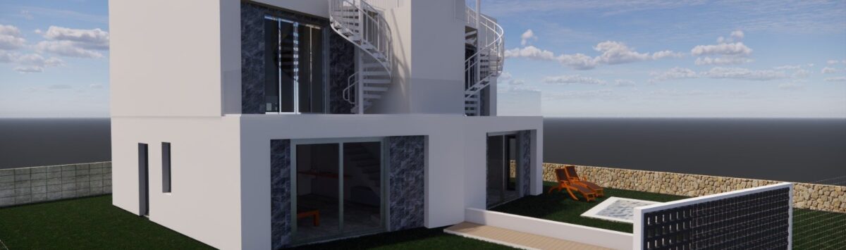 Moderne Doppelhaushälfte in Llucmajor mit Dachterrasse, Wendeltreppe, Pool und Meerblick.