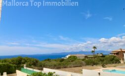 Panoramic view of the Mediterranean Sea with pool, palm trees and mountains, semi-detached house Llucmajor