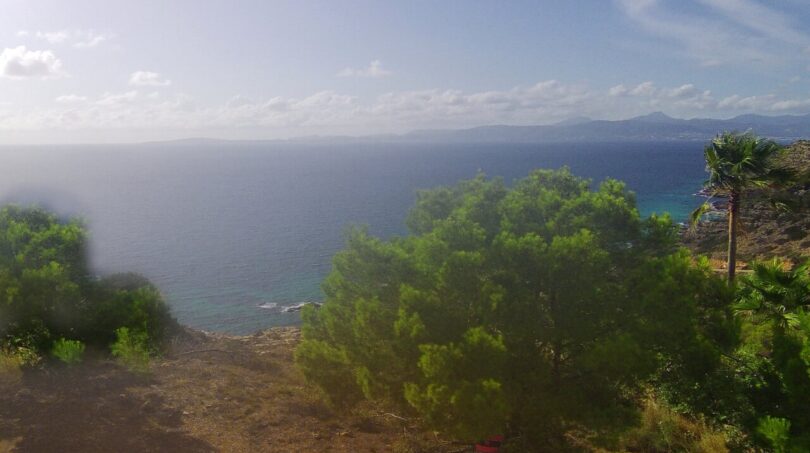 Vista panorámica del terreno para construir First Line a la bahía de Palma con pinos y vistas al mar en Llucmajor.
