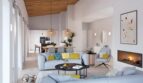 Helles Wohnzimmer der Neubau-Finca in Manacor mit Kamin, Holzdecke und modernem Open-Plan-Design
