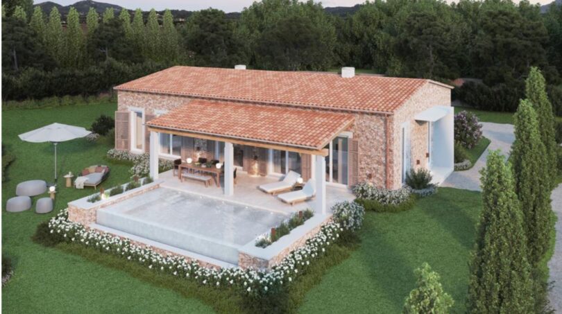 Neubau-Finca in Manacor mit Natursteinmauern, Terrakotta-Dach, überdachter Terrasse und privatem Pool
