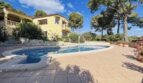 Außenbereich einer Villa in Cala Vinyes mit geschwungenem Pool, Steinterrasse und mediterranem Garten