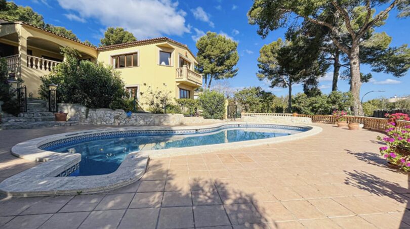 Außenbereich einer Villa in Cala Vinyes mit geschwungenem Pool, Steinterrasse und mediterranem Garten