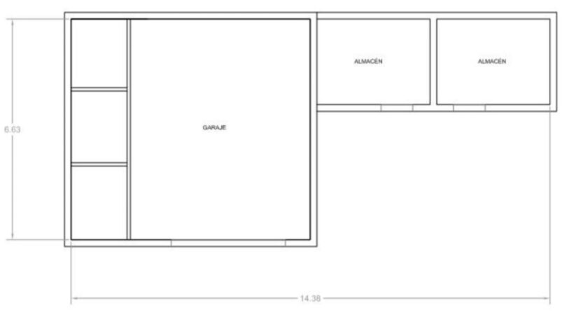 Grundriss Chalet Es Garrovers: Garage 6,63×14,38m mit zwei Almacén-Lagerräumen, Marratxí.