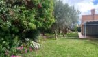 Gepflegter Garten des Chalets in Es Garrovers mit Olivenbäumen, Blumenrabatten und Spielplatz