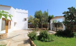 Außenbereich einer Finca in Son Ferriol mit weißer Fassade, Gartenanlage, Einfahrtstor und mediterranen Pflanzen bei blauem Himmel.