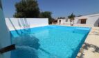 Finca Son Ferriol: Großer rechteckiger Pool mit Treppen, weißer Poolmauer und Windmühle im Hintergrund