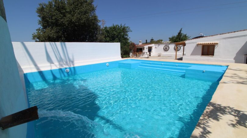Finca Son Ferriol: Großer rechteckiger Pool mit Treppen, weißer Poolmauer und Windmühle im Hintergrund