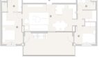 Floor plan of a luxurious apartment with two bedrooms, bathrooms, open living-dining area and terrace.