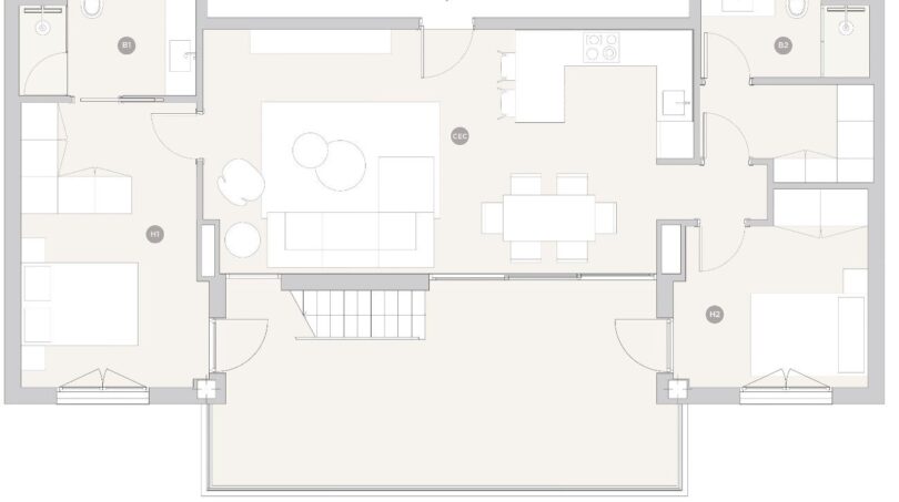 Floor plan of a luxurious apartment with two bedrooms, bathrooms, open living-dining area and terrace.