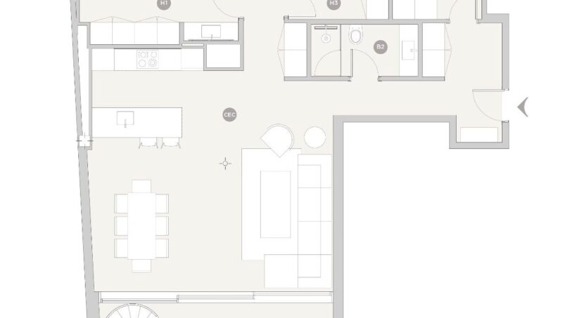 Floor plan of the exclusive penthouse in Palma with 3 bedrooms, 2 bathrooms, living area and terrace.