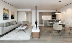 Offener Wohn- und Essbereich mit moderner Küche, Kamin und eleganter Einrichtung in Luxusapartment Palma