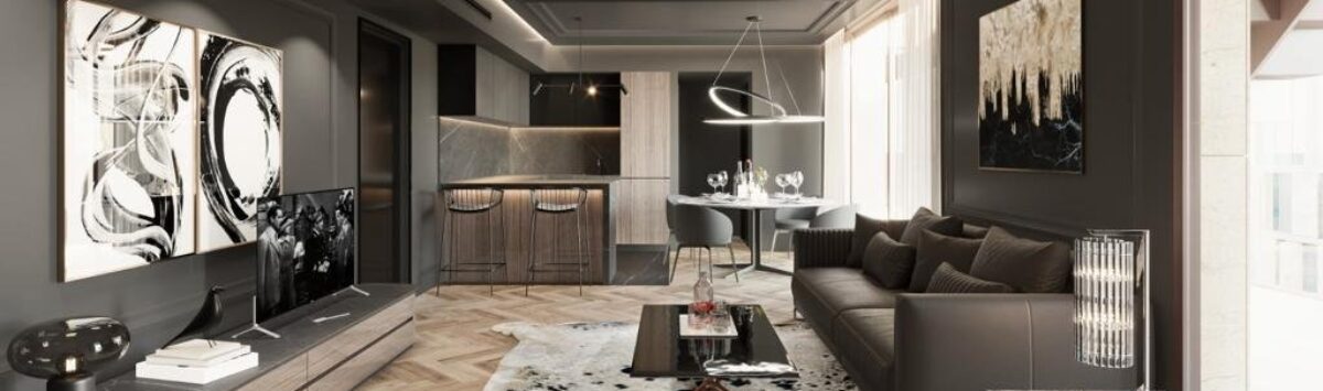 Elegant living room with leather sofa, kitchenette and chevron parquet floor in luxury apartment in Palma de Mallorca.