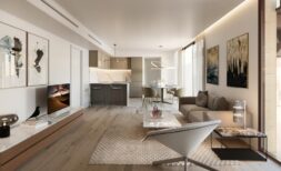 Elegantes Wohnzimmer mit offener Küche, Holzboden und modernem Design in Luxus-Apartment, Palma de Mallorca.