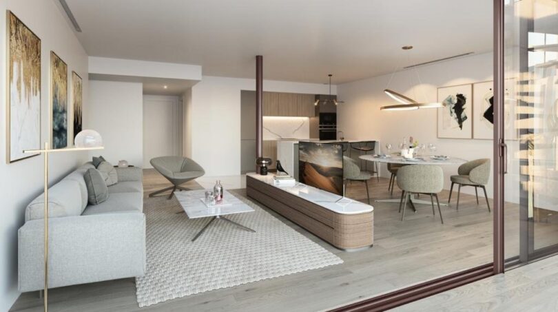 Helles Wohnzimmer mit offenem Essbereich, moderner Küche und eleganter Einrichtung in Palma de Mallorca