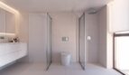 Modernes Luxusbad mit begehbarer Dusche, Wandhänge-WC und elegantem Waschtisch in hellem Design