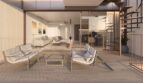 Moderne Terrasse mit weißen Loungemöbeln, Glasfront zum Wohnbereich und elegantem Treppenhaus in Luxus-Apartment Palma