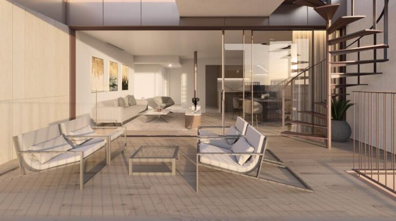 Moderne Terrasse mit weißen Loungemöbeln, Glasfront zum Wohnbereich und elegantem Treppenhaus in Luxus-Apartment Palma