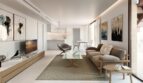 Helles Wohnzimmer mit modernem Sofa, Glasstisch, TV-Möbel und offenem Küchenbereich im Luxus-Apartment Palma